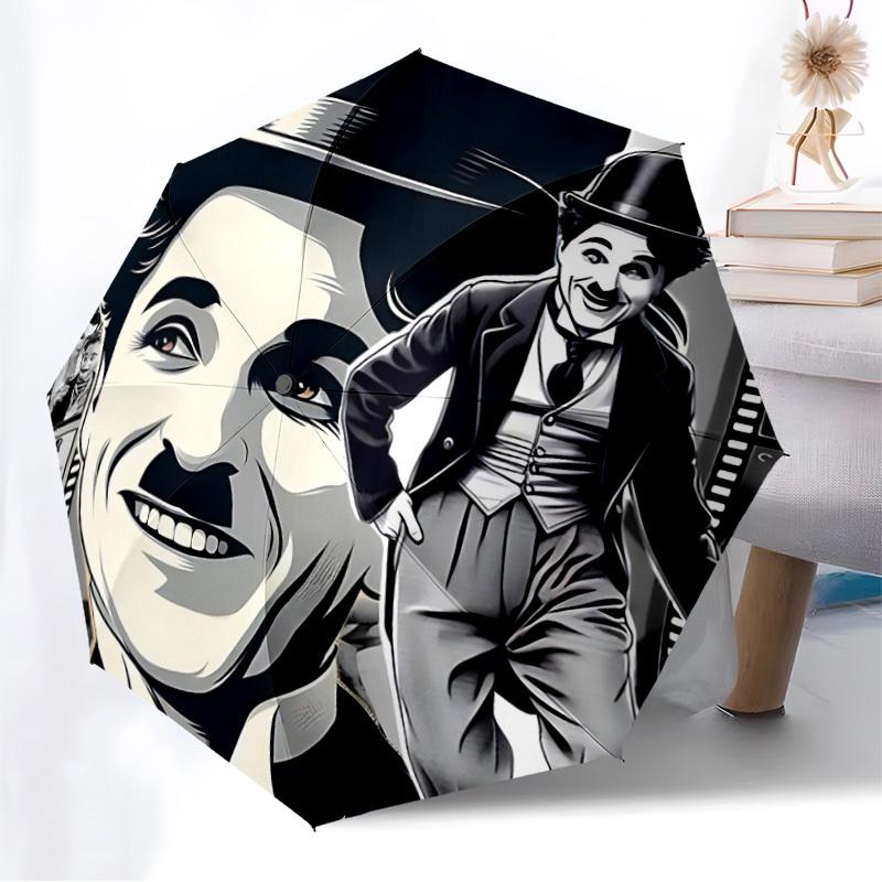 1 Stück Charlie Chaplin Filmstreifen Automatischer Faltregenschirm, Tragbares faltbares Design, Lässiges Outdoor-Accessoire L1127056