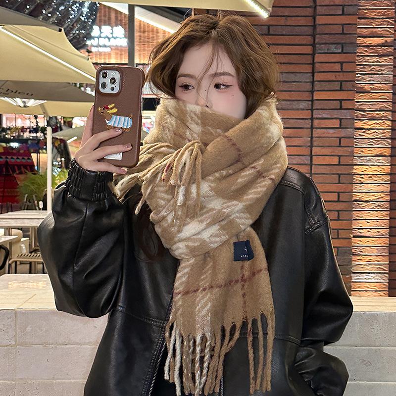 Korean Version Mohair Thickened Autumn and Winter Scarf Women's Versatile Atmosphere New Plaid Lazy Wind Warm Scarf