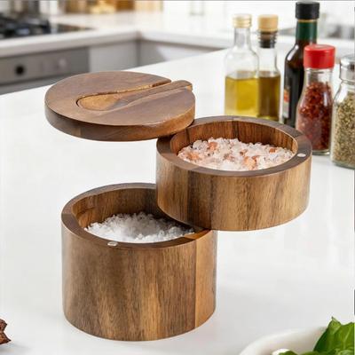 Salt Cellar with Spoon and Swivel Lid, Acacia Wood Salt Salt Keeper, Wood Jar for Kitchen, Perfect for Storing Seasonings