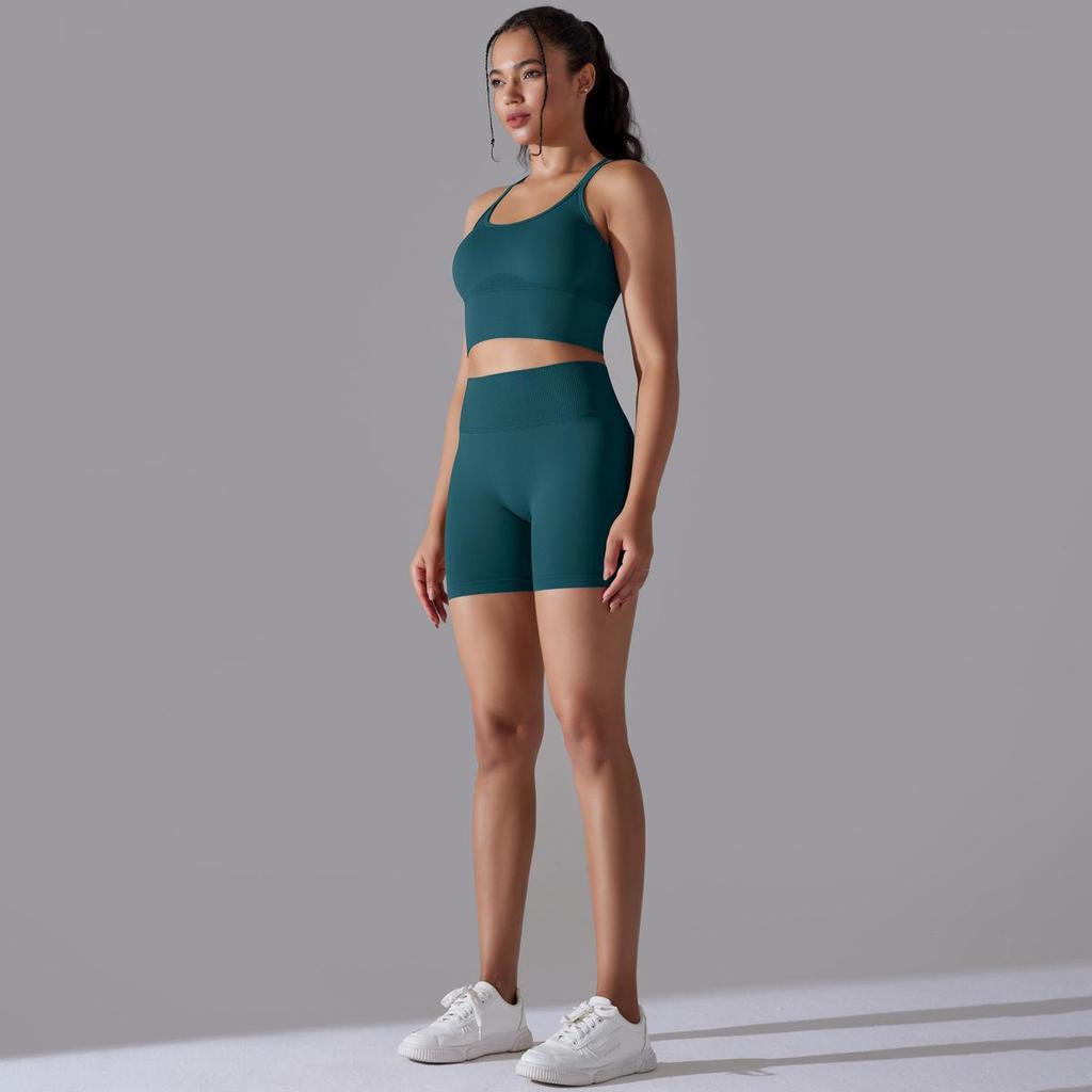 Seamless Knitted Solid Color Back High Elasticity Sports Tight Yoga Suit Set Running Fitness Two Piece Set