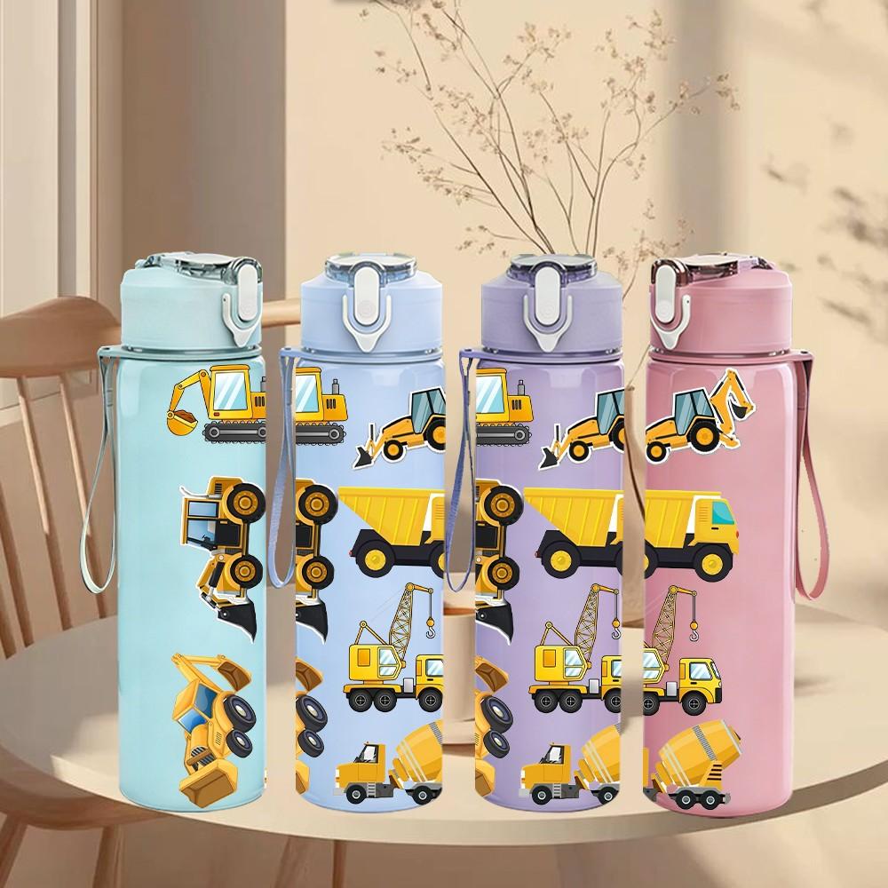 1PC Mixed Construction Truck Group Print 750ml Color Plastic Sports Water Bottle Leakproof Flip Straw Lid Suitable for Sports Office Home Use