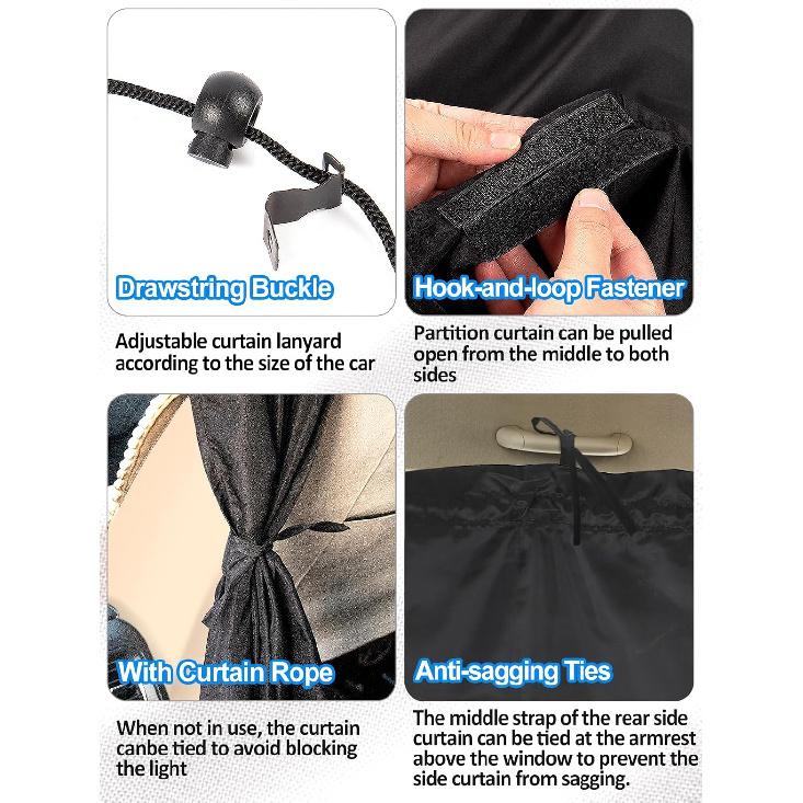 Set Of 3 Car Privacy Curta - 95% Light Blocking Fabric Rear Seat & Side Windows Divider Curtain Baby Shades, Wide Sedan SUV Sunshade Screen Covers