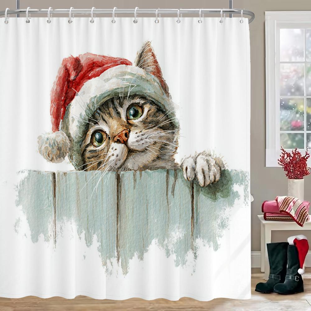 Interesting cat and dog Christmas Shower Curtain, Bathroom Decorative Shower Curtain, Waterproof Shower Curtain with Hooks
