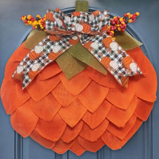 Autumn Pumpkin Wreath Farmhouse Fall Decor with Berry Accents Halloween Thanksgiving Front Door Garland