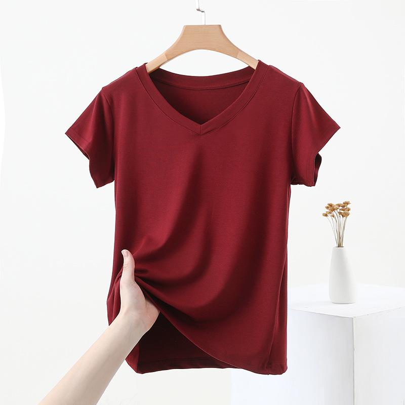 Women's Summer 2025 Slimming Solid V-Neck Short Sleeve T-Shirt - Casual, Versatile and Stylish