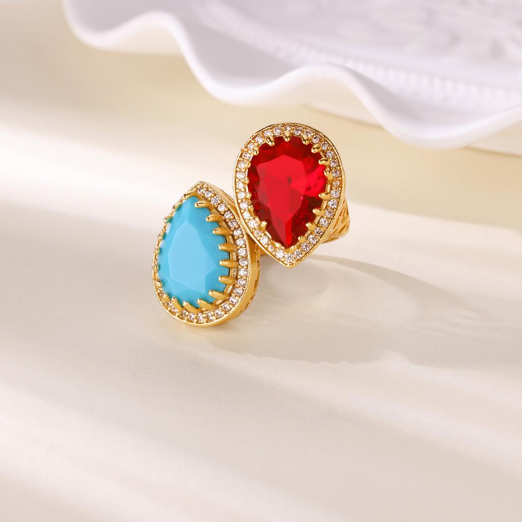 Hot-selling colored zircon double water drop ring for women's exaggerated high-end light luxury full diamond ring jewelry retro