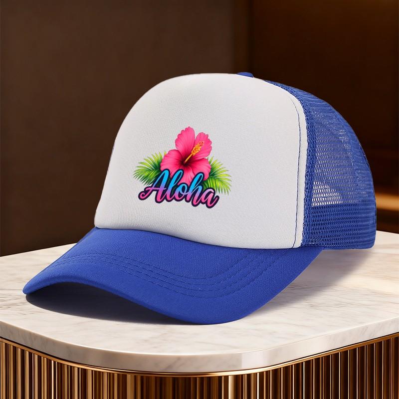 Aloha Hibiscus Palm Print Trucker Hat Unisex Mesh Breathable Adjustable Baseball Cap Summer Travel One Size