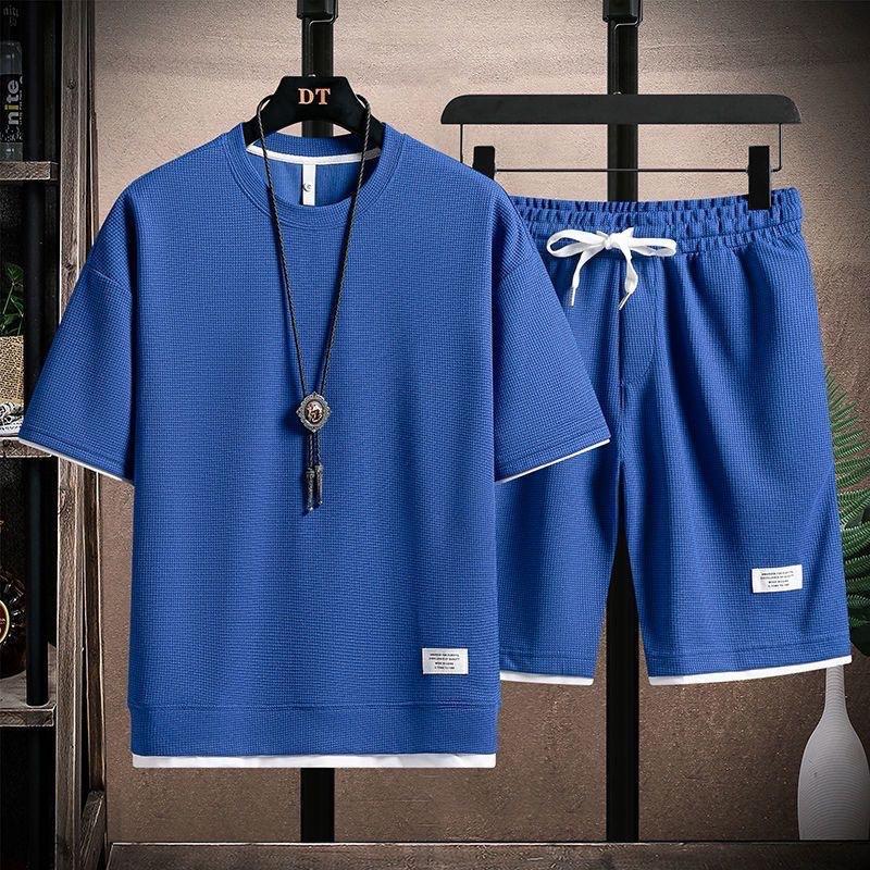 Men's Waffle Summer Sets  Casual T-Shirt+Shorts Set Male Sports Suit Solid Color Tracksuit Loose Suits
