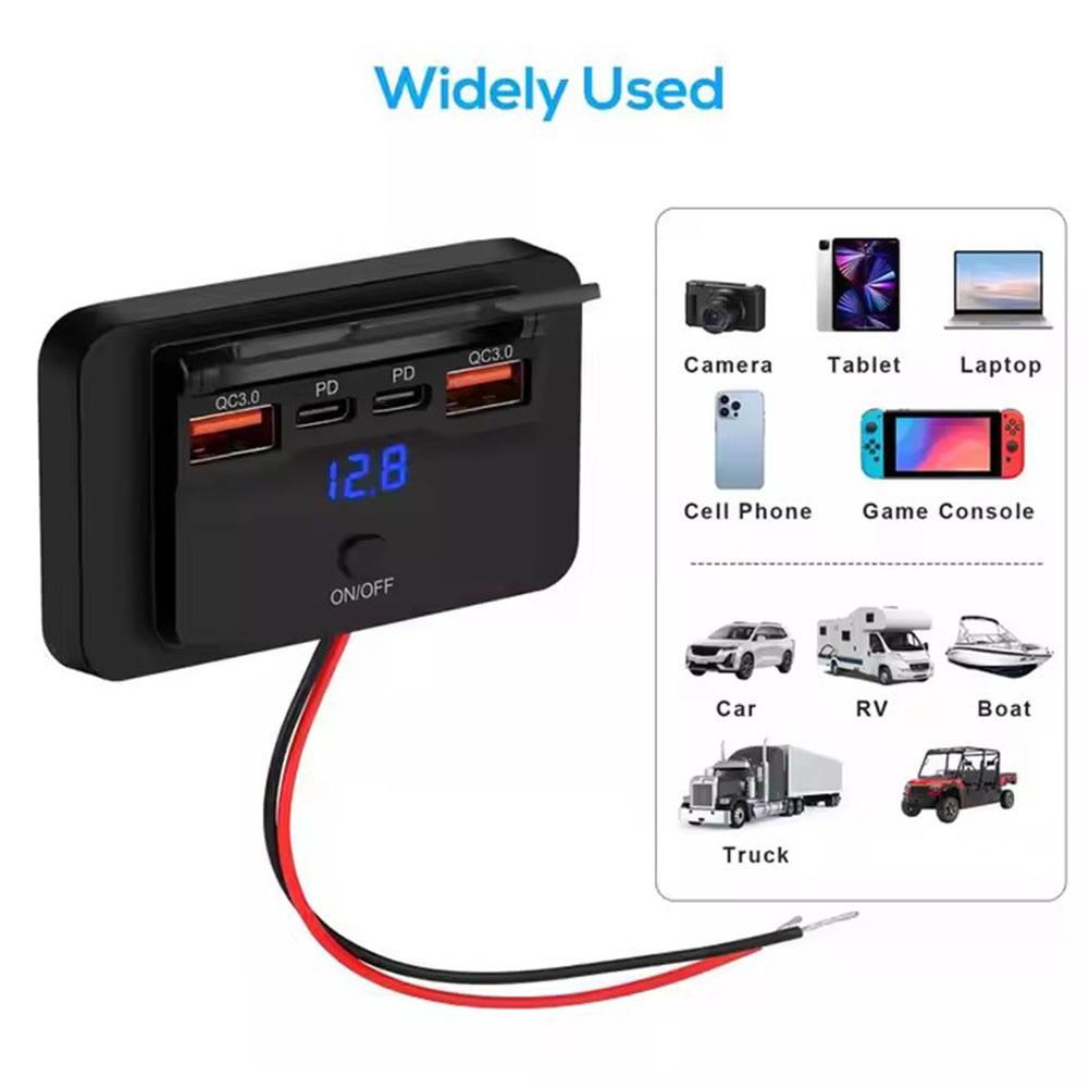 12-24V 4-Ports Car USB Charger Socket Adapter 108W USB C Outlet Panel Wall Mount with LED Voltmeter for Bus RV Boat Car Truck