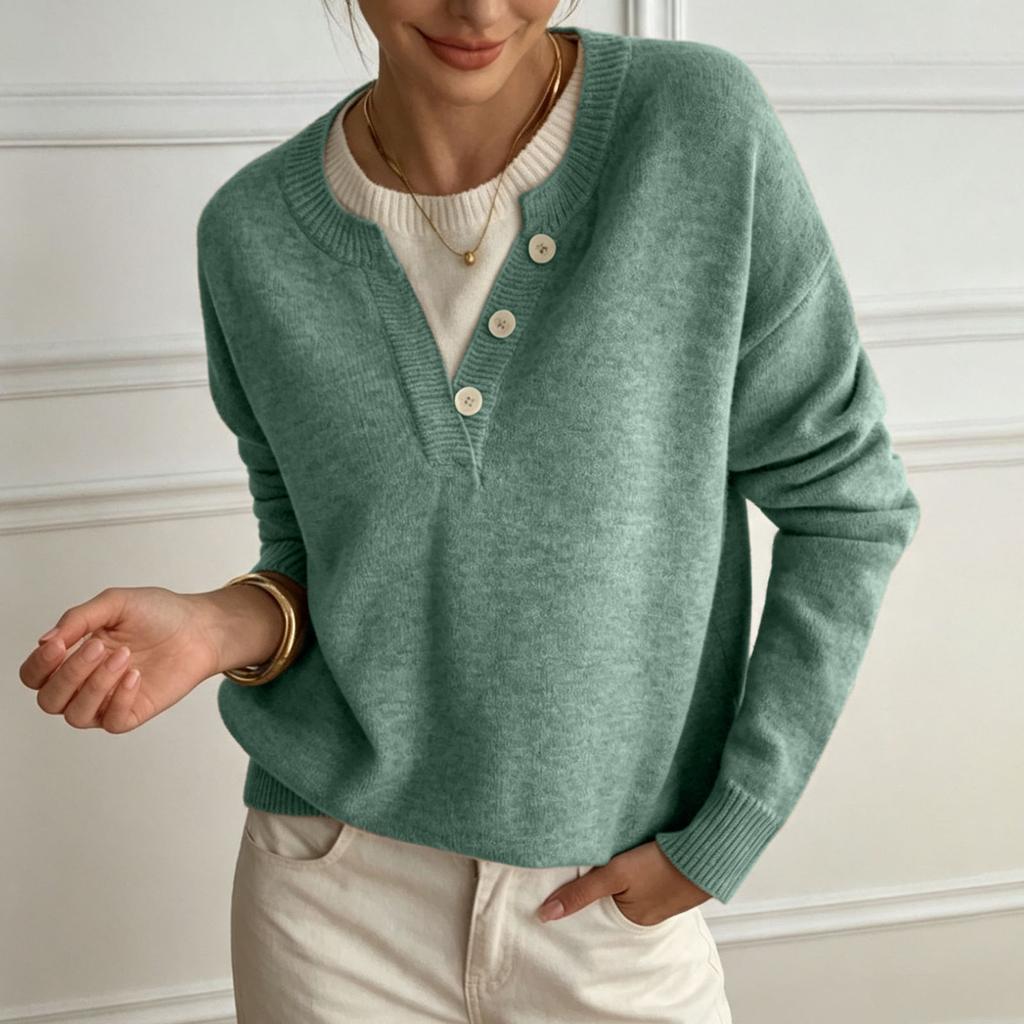 Women's V-Neck Knit Sweater with Button Placket