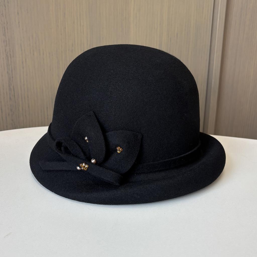 Ladies Crimped Bucket Hat Elegant Versatile Felt Hat Three-Dimensional Flower Woolen Top Hat Autumn And Winter Retro Pot Hat