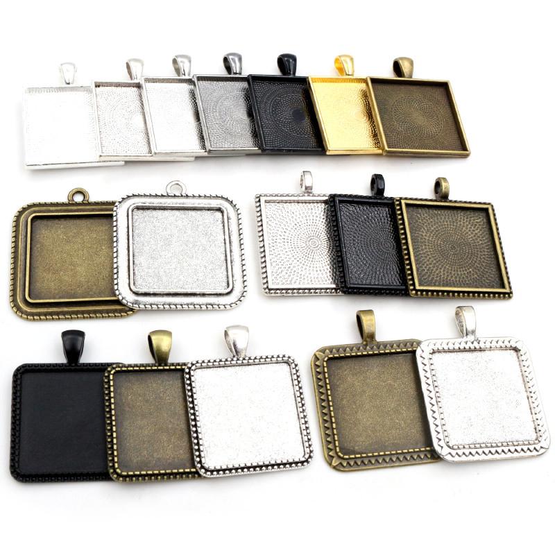New Fashion 5pcs 25mm Inner Size 7 Colors Plated Square Cabochon Base Setting Charms Pendant,Fit 25mm Square Glass Cabochons