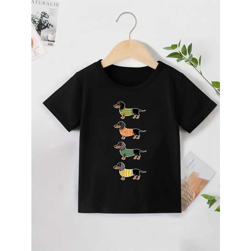 European Size Boys Round-neck Short-sleeved T-shirt with Four Dachshund Pattern Prints