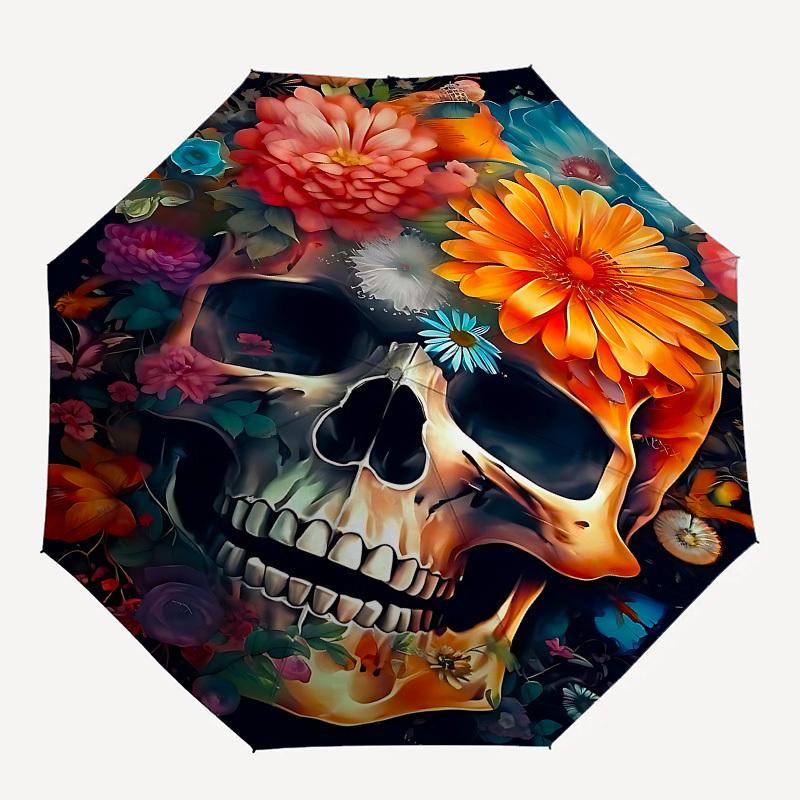 

1pc skull flowers umbrella with 8 iron ribs and a plastic handle, automatic opening and closing, and daily use.1043