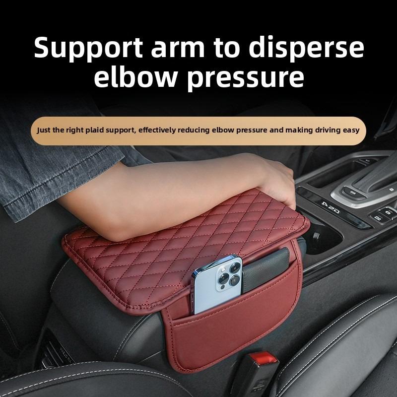 Universal Car Armrest Cushion, Beige Quilted Leather with Storage, Enhance Comfort on Drives, Fit Most Auto Consoles