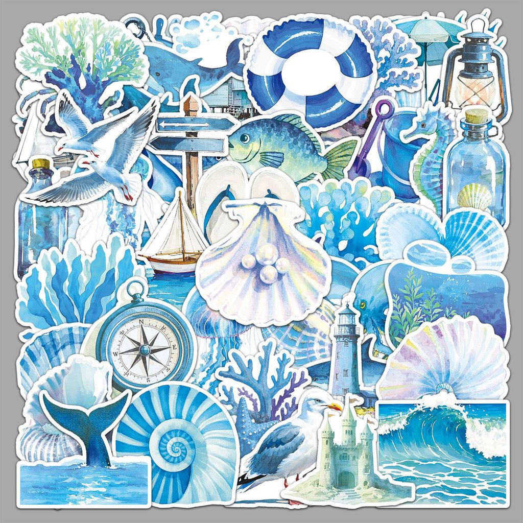 50PCS Blue Ocean Graffiti Stickers: Cross-Border Cartoon Watercolor Style Decorations for Water Bottles & Phones