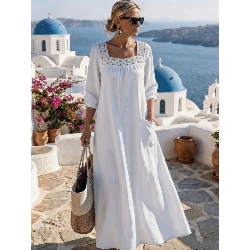 Casual Square Neck Three Quarter Sleeve Solid Color Womens Loose Long Maxi Dress