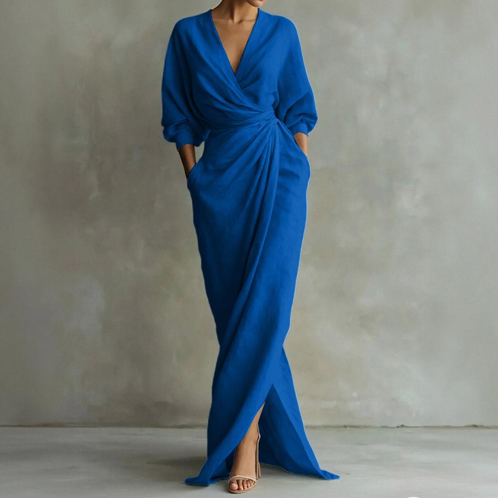 Women's Casual FashionColor V-neck Long Sleeve Slit Waist Pocket Dress