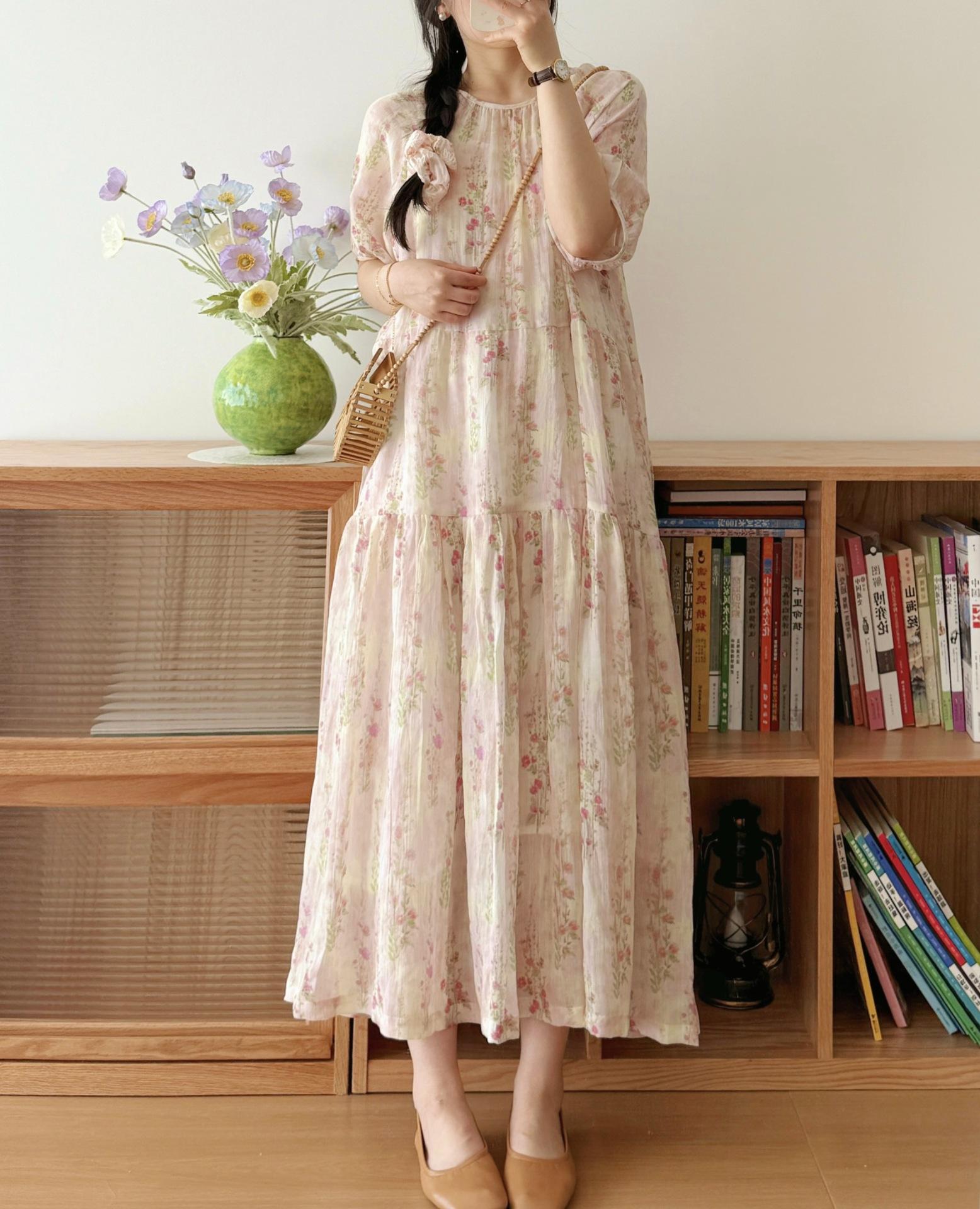 

Маленькое платье из хлопка и льна с цветочным принтом для женщин, лето 2025, новое свободное и тонкое длинное платье Mori с круглым вырезом и короткими рукавами 2XL розовый