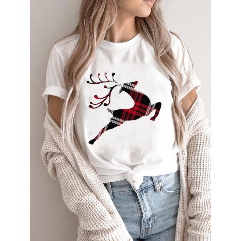 Summer Plus Print Christmas Theme Loose Cotton Short Sleeved T-Shirts Women’s