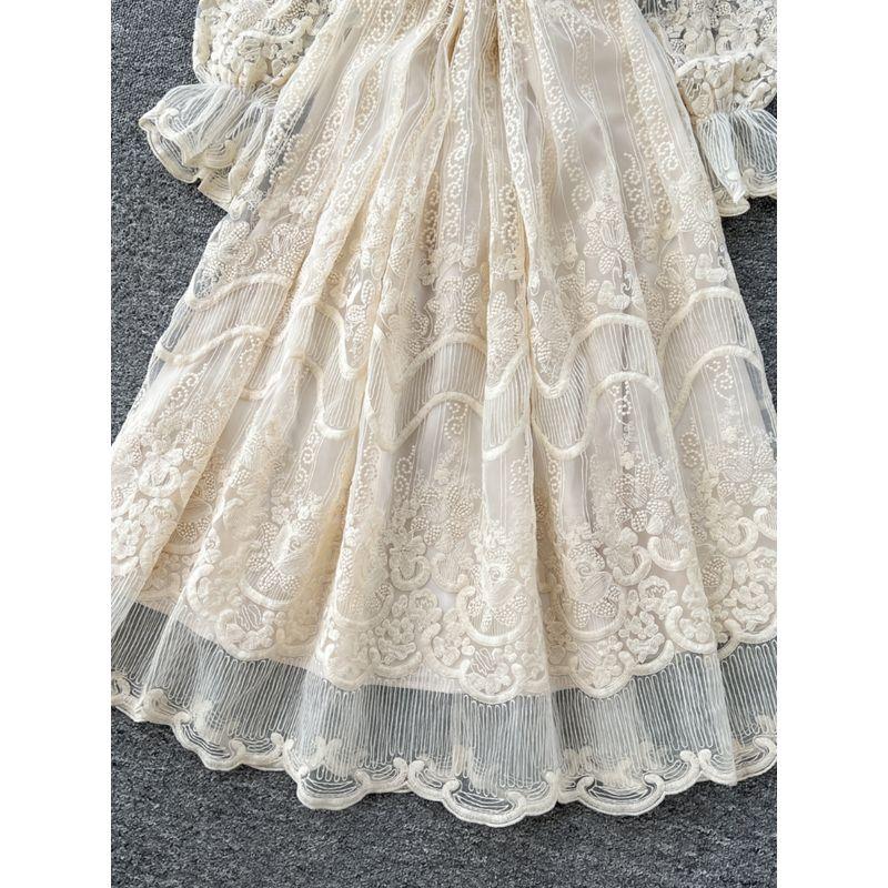 French style Elegant Dress Women Spring High-Grade Heavy Embroidery Mesh Waist Hugging Slimming Puffy Fairy Long Skirt
