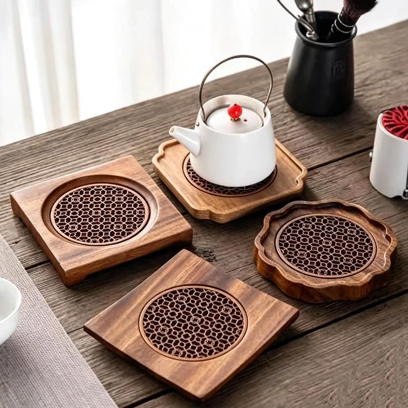 Wooden Wave Pattern Teapot & Cup Mat Heat Insulated Cup Mat Ceremony Accessory Purple Clay Cup Pad Dining Table Tea Tray Mat