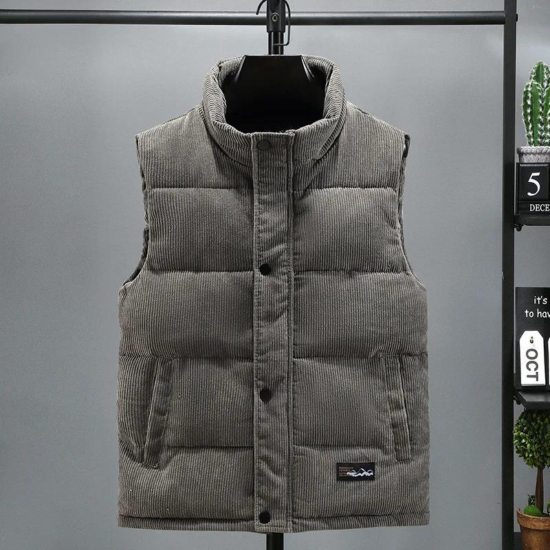 New Vest Jacket Men's Autumn Winter Warm Sleeveless Coat Stand Collar Padded Waistcoat Corduroy Work Wear Male Clothes 5XL