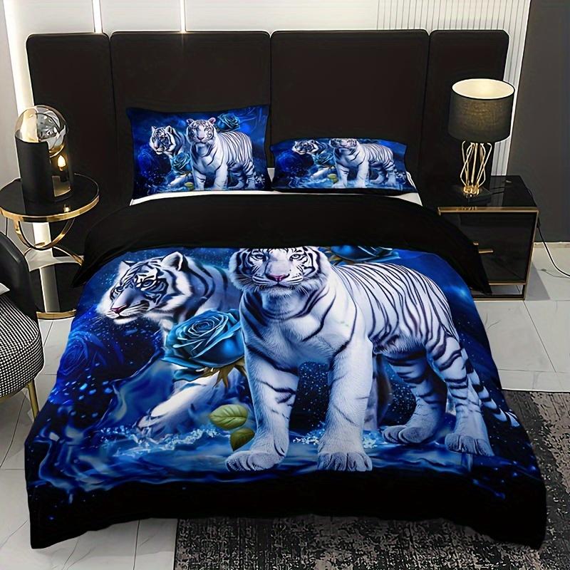 Soft durable Quality Duvet Cover Set Tiger plus Blue Rose Print 10% Polyester Breathable Fabric Al-Season Beding featuring 2 Pilowcases Home Dorm