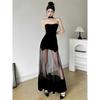 Sylcue Winter Party Negru misterios Sexy Matură Frumoasă Elegantă Grațioasă Dulce Bândă Rochie de damă cu cusături din tulle