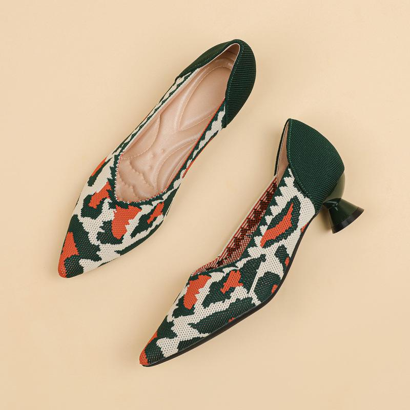 

Spring and summer new flying woven shoes single shoes women s shallow mouth high heels pointed breathable single shoes leopard print 40