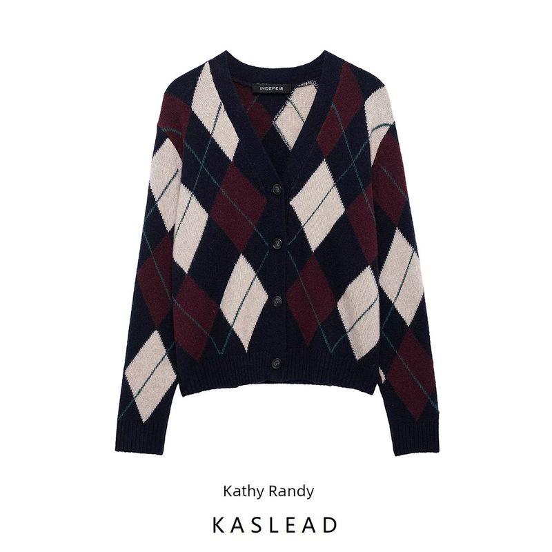 Kaslead New Women clothes Western Style Blended Diamond Pattern V-neck Long sleeve Knitted Outerwear 5755006