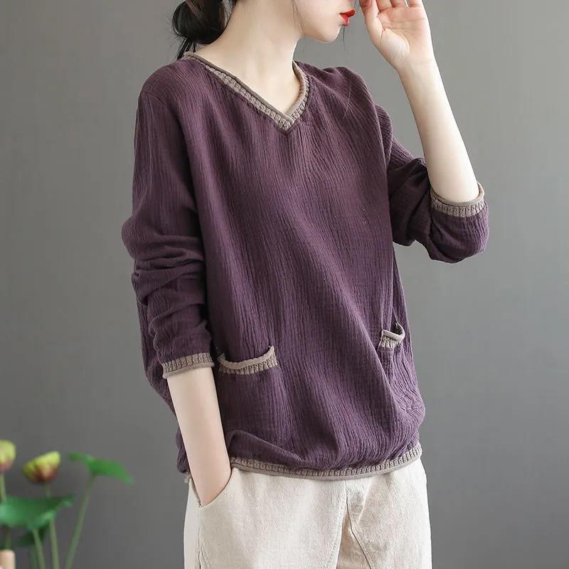 Maglietta da donna in cotone a fiori con scollo a V a maniche lunghe per primavera e autunno Topirt da donna ampio taglia grande