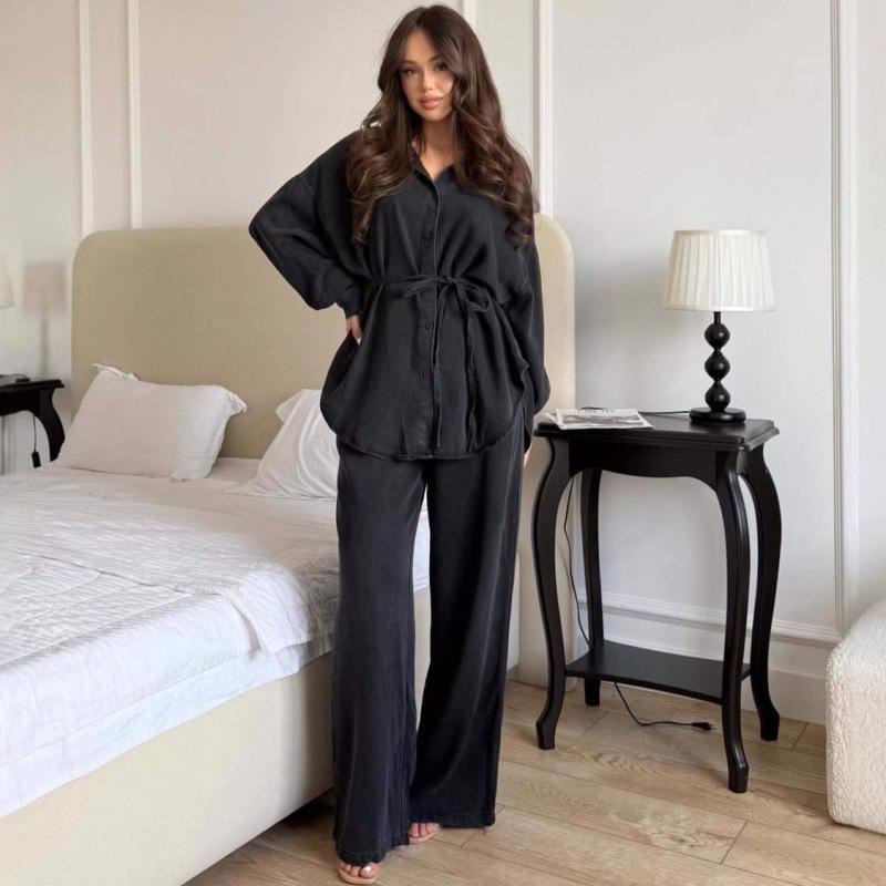 2025 Autumn European & American Women's Belted Cardigan Dress Set - Solid Color, Elegant & Gentle