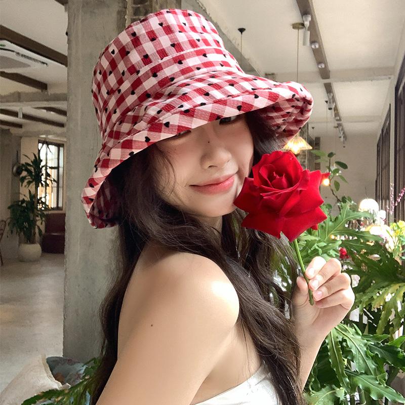 Love plaid bucket hat women's spring summer versatile washbasin hat big brim sunshade sunscreen hat tide