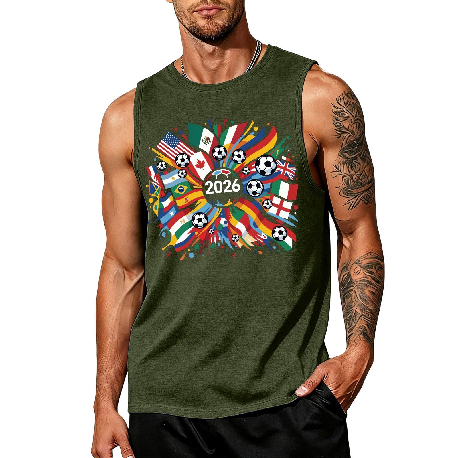 Men s Sleeveless Tank Top Soccer Fan Support Shirt 2026 World Cup Flags Print Casual Athletic Fit Summer Vest L армия зеленый