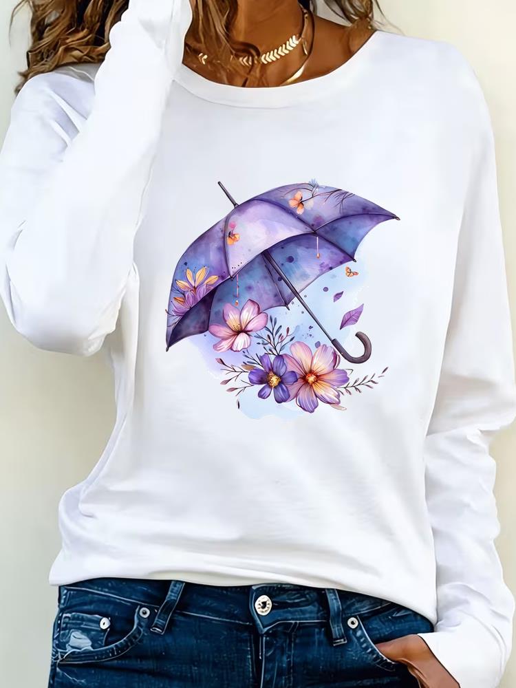 (Asian Size) Love Heart Watercolor Trend Tee Lady Printed O-neck Long Sleeve T Shirt Women Female Clothing Casual Fashion Top Graphic T-shirts