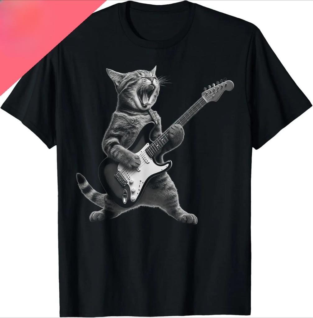 Cat Playing Guitar Rock Star Printed Tshirt Design Gift Tshirt Women Clothing Fashion Summer Streetwear Graphic T Shirts Y2K