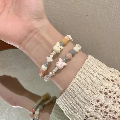 Pulseiras elásticas de contas de cerâmica Delicadas joias de corrente de coelho Doces redondos e quadrados Pulseiras de contas Jóias
