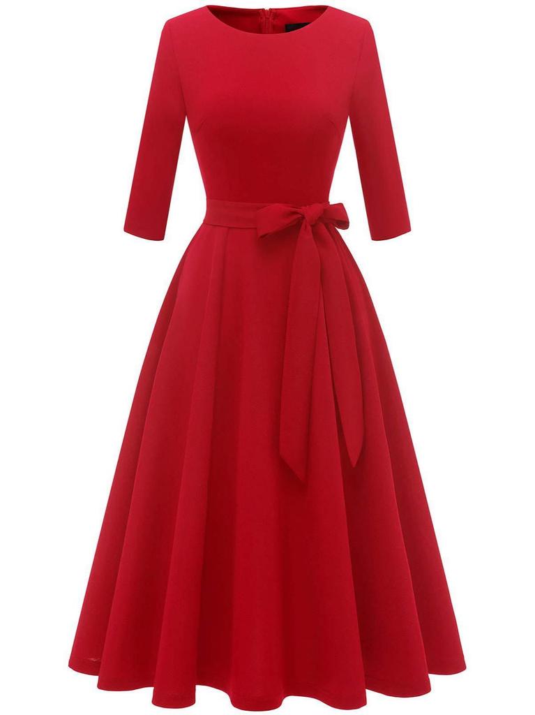 Garden Collar Seven-Sleeve Women's Evening Gown with Wide Hem Skirt - Solid Color Vacation Dress