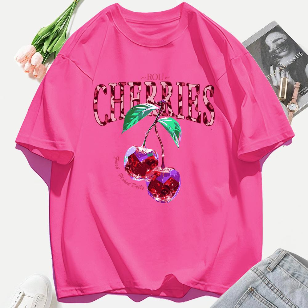 Crystal Cherries Printing Tee Shirt Woman Summer Cotton Tee Tops O-Neck Casual T Shirts Oversized All-Match Short Sleeve