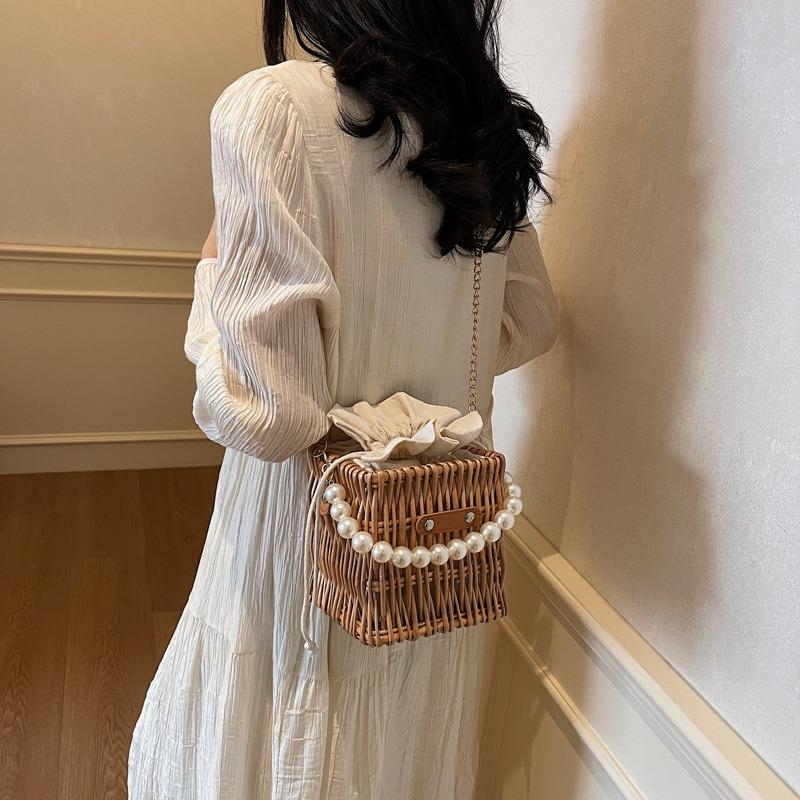 Woven Small Bag Women's Spring and Summer New Niche Pearl Chain Messenger Bag Rattan Seaside Beach Bag