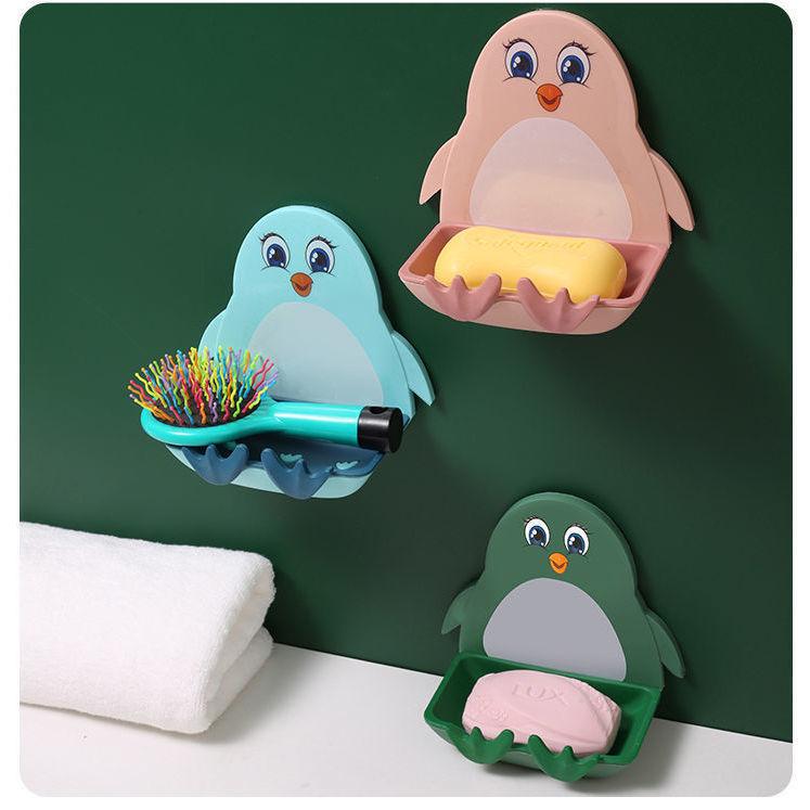 Bathroom Household Perforated Little Penguin Drain Toilet Soap Box Wall Mounted Soap Dish Toilet Suction Cup Storage Soap Box