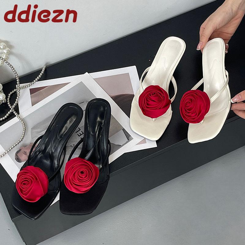 Fashion Female Flip Flops Pumps Heels Shoes For Women New In 2025 Fashion Flower Ladies Medium Heels Slides Sandals Shoes Big Size 43