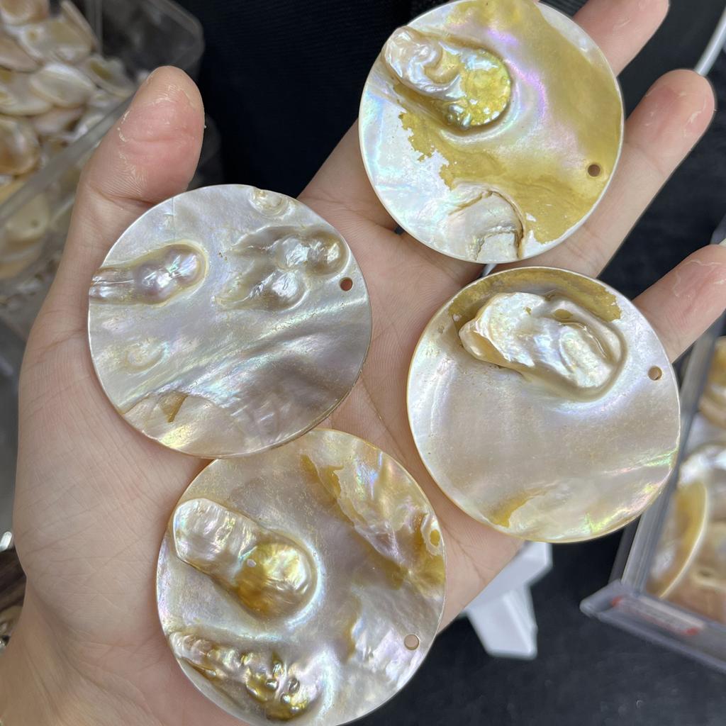 2Pcs, Natural Shell Mother of Pearl Beads with Hole, Boho Handcrafted Round Loose Beads, 50mm, for DIY Necklace Accessories, Creative Jewelry Making