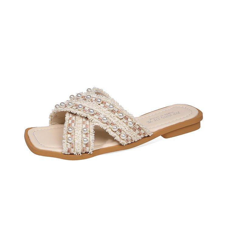 

2025 summer new large size low heel slippers women s wear cross open toe one-word drag pearl fringed sandals 43 бежевий