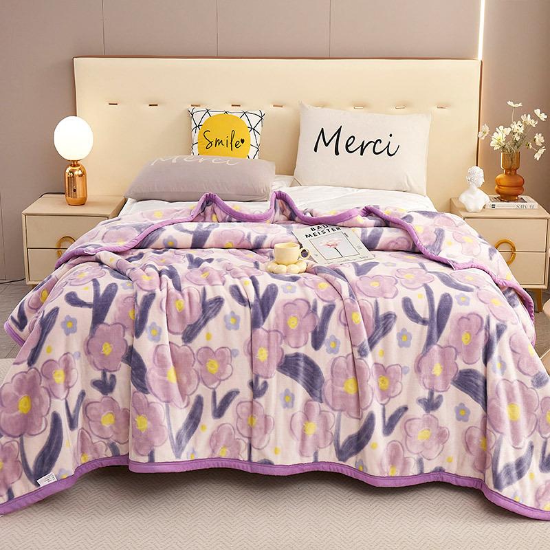Nordic Style Plant Printed Flannel Blanket Thickened Multi Functional Cover Fleece Blanket Warm Sofa Cover for Office Nap