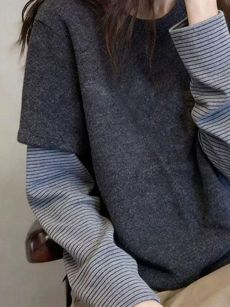 Korean Style Striped Patchwork Long Sleeve Women's Thermal T-Shirt - Versatile Fake Two-Piece Fleece Layer for Autumn/Winter