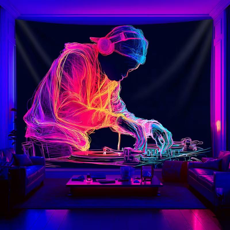 Neon DJ Turntable Tapestry Psychedelic Art Wall Decoration for Games Room, Bedroom, Dormitory Hanging Cloth Home Decor