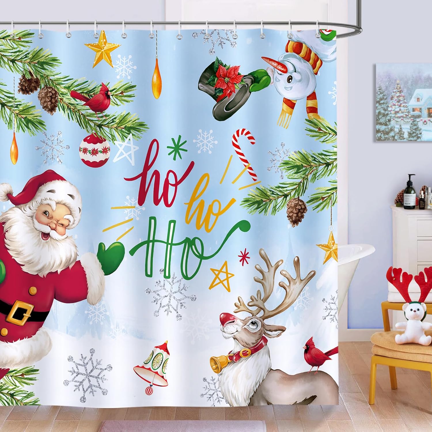 Christmas Shower Curtain Santa Claus Hoho Snowman Reindeer Snowflake Winter Holiday Decorative Bath Curtain Polyester Fabric 90x180CM