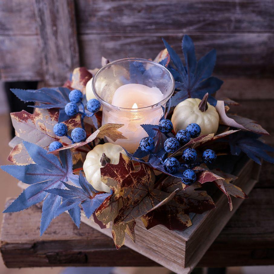 Fall Harvest Pumpkin Maple Leaf Candle Wreath Artificial Blue Berry Candle Holder Wreath for Thanksgiving Autumn Home Decor